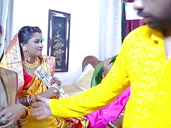 Watch Mampi, Antim, and their Indian curvy stepsisters get unrestrained with their Dewar in a dampness Indian wedding group sex