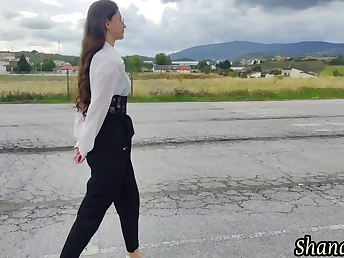 Cute teen with long hair coupled with a conceited heels gets a wet coupled with wild open-air shower
