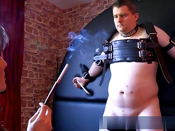 Horny babe is sexually abusing this nasty defy slapping his seductive body